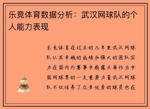 乐竞体育数据分析：武汉网球队的个人能力表现