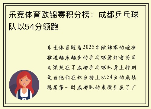 乐竞体育欧锦赛积分榜：成都乒乓球队以54分领跑